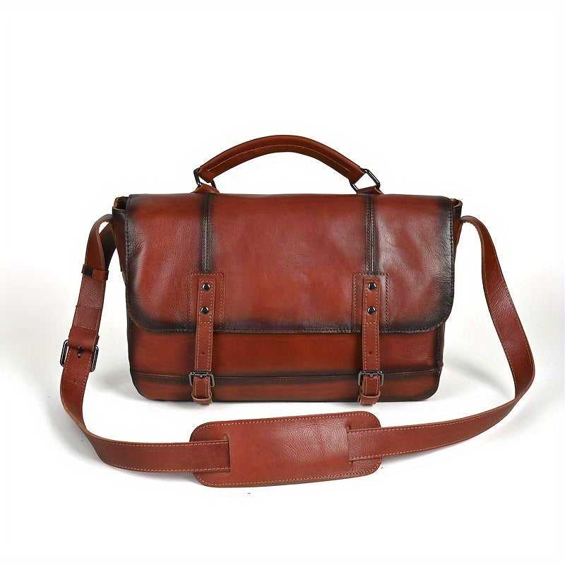 Vintage-Inspired Genuine Leather Messenger Bag for Men & Women - Large Capacity, Adjustable Strap, Zip Closure - Perfect for Work & Casual Use - Coffee/Red