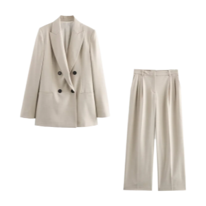 Women's Beige Double-Breasted Blazer Suit with Wide-Leg Trousers Casual High-Waisted Polyester Pant Set for Polished Look