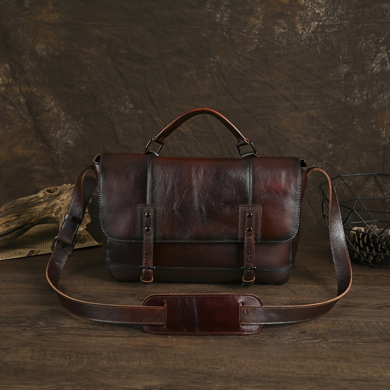 Vintage-Inspired Genuine Leather Messenger Bag for Men & Women - Large Capacity, Adjustable Strap, Zip Closure - Perfect for Work & Casual Use - Coffee/Red
