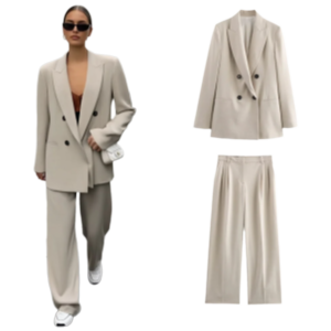 Women's Beige Double-Breasted Blazer Suit with Wide-Leg Trousers Casual High-Waisted Polyester Pant Set for Polished Look