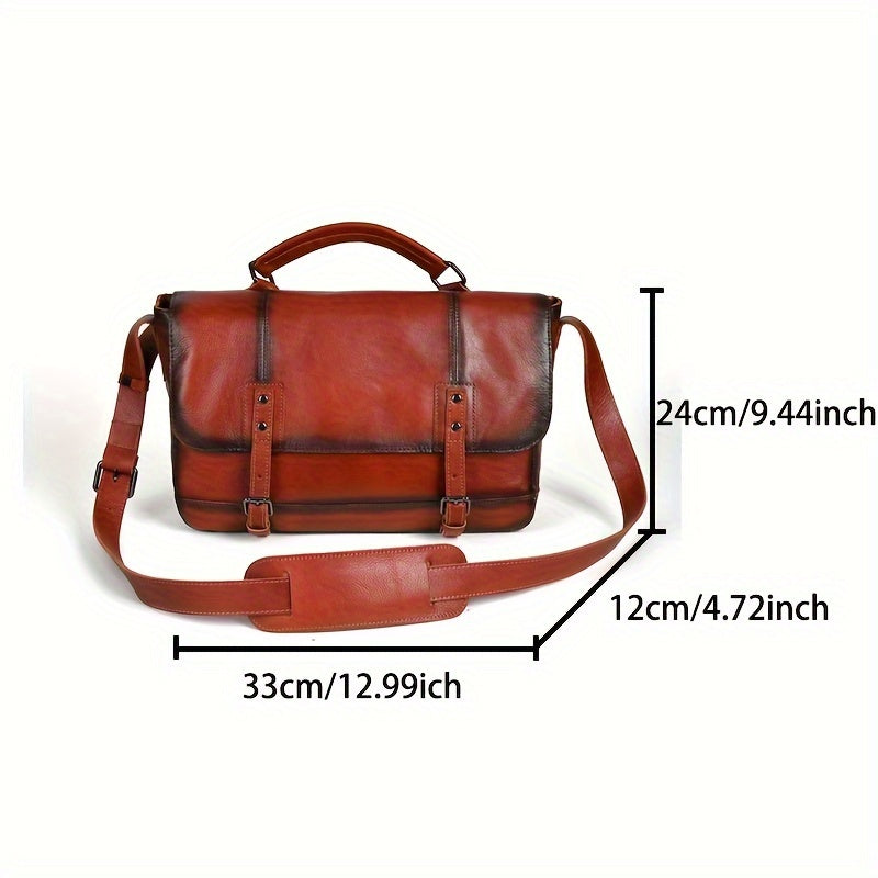 Vintage-Inspired Genuine Leather Messenger Bag for Men & Women - Large Capacity, Adjustable Strap, Zip Closure - Perfect for Work & Casual Use - Coffee/Red
