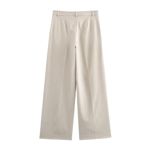 Women's Beige Double-Breasted Blazer Suit with Wide-Leg Trousers Casual High-Waisted Polyester Pant Set for Polished Look