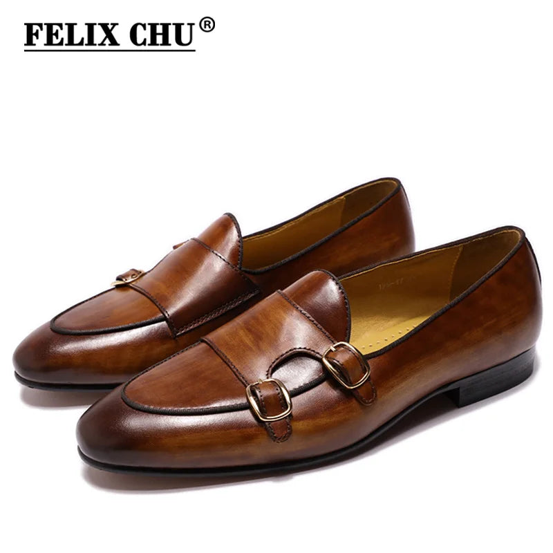 FELIX CHU Genuine Leather Mens Loafers Handmade Monk Strap Wedding Party Casual Dress Shoes Summer Autumn Footwear for Men