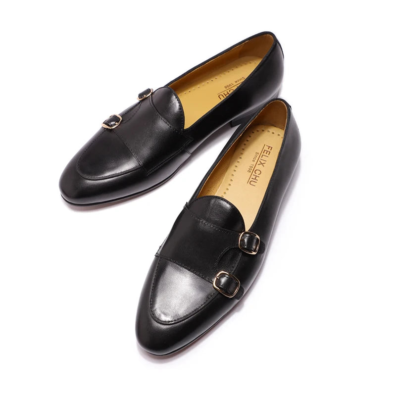 FELIX CHU Genuine Leather Mens Loafers Handmade Monk Strap Wedding Party Casual Dress Shoes Summer Autumn Footwear for Men