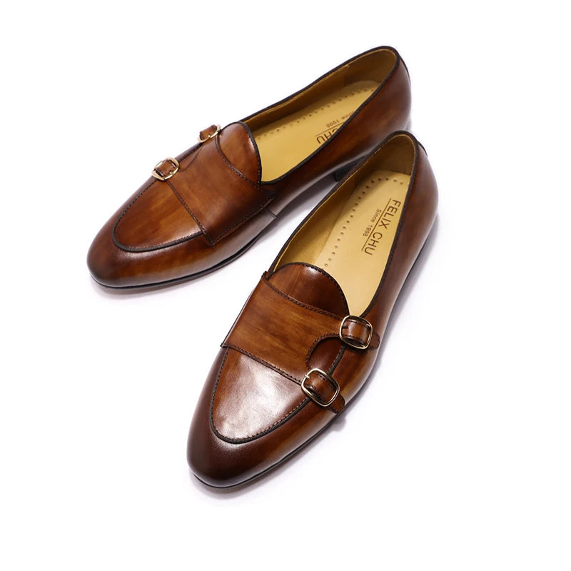 FELIX CHU Genuine Leather Mens Loafers Handmade Monk Strap Wedding Party Casual Dress Shoes Summer Autumn Footwear for Men