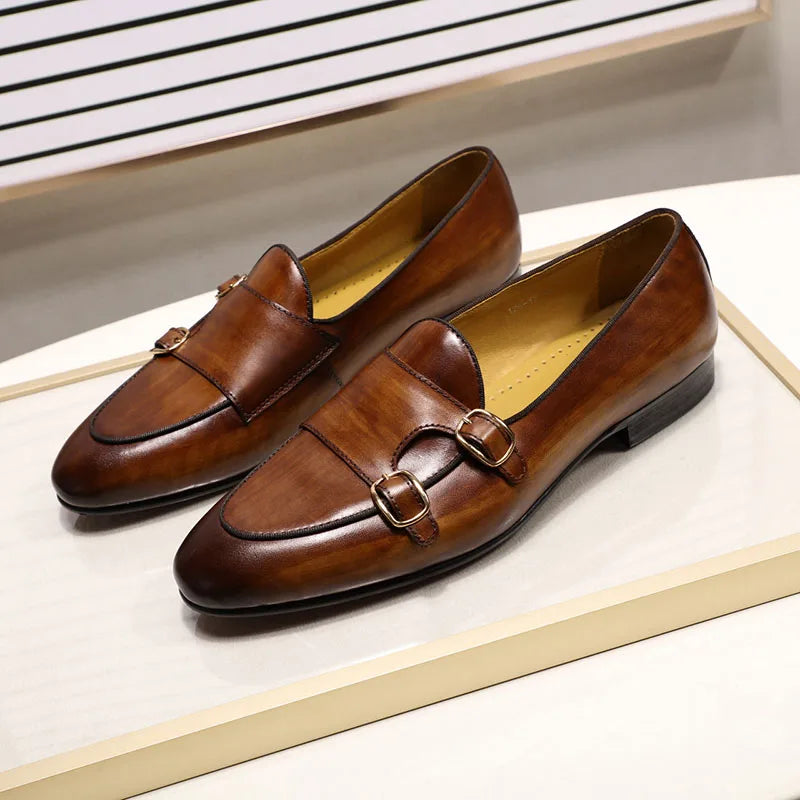 FELIX CHU Genuine Leather Mens Loafers Handmade Monk Strap Wedding Party Casual Dress Shoes Summer Autumn Footwear for Men