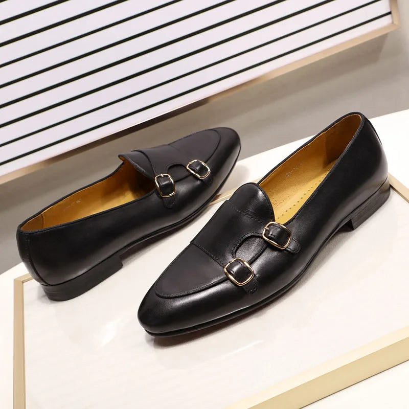 FELIX CHU Genuine Leather Mens Loafers Handmade Monk Strap Wedding Party Casual Dress Shoes Summer Autumn Footwear for Men