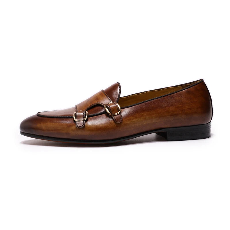 FELIX CHU Genuine Leather Mens Loafers Handmade Monk Strap Wedding Party Casual Dress Shoes Summer Autumn Footwear for Men