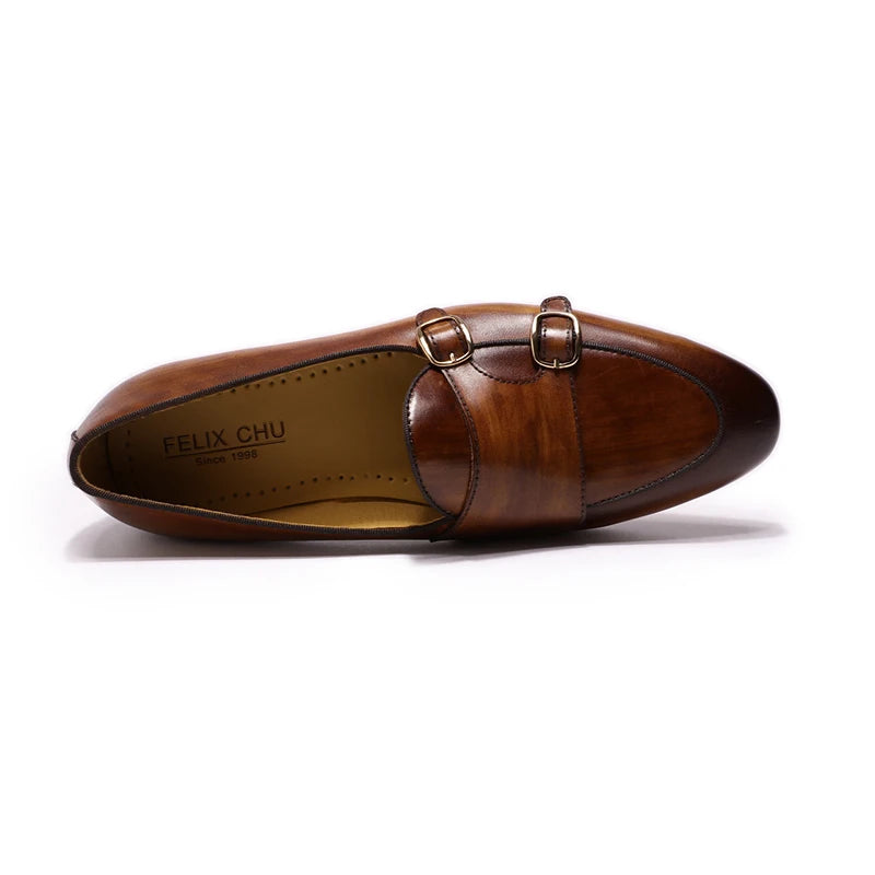 FELIX CHU Genuine Leather Mens Loafers Handmade Monk Strap Wedding Party Casual Dress Shoes Summer Autumn Footwear for Men