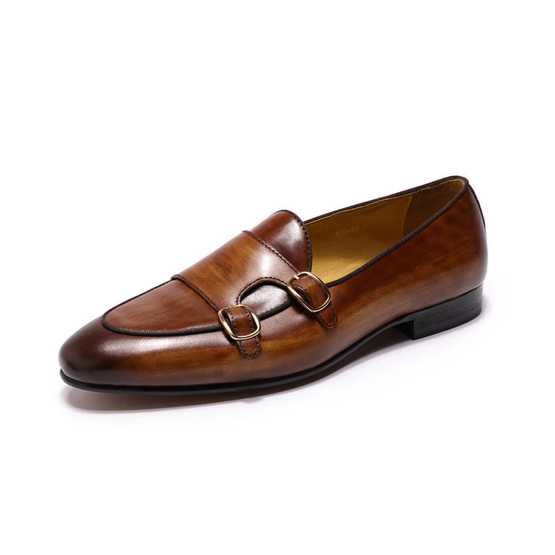 FELIX CHU Genuine Leather Mens Loafers Handmade Monk Strap Wedding Party Casual Dress Shoes Summer Autumn Footwear for Men
