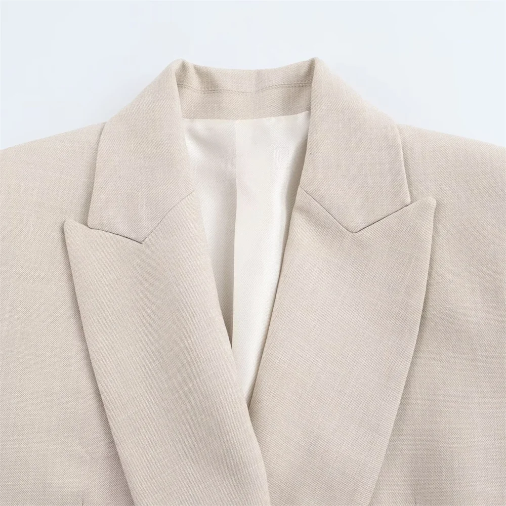 Women's Beige Double-Breasted Blazer Suit with Wide-Leg Trousers Casual High-Waisted Polyester Pant Set for Polished Look