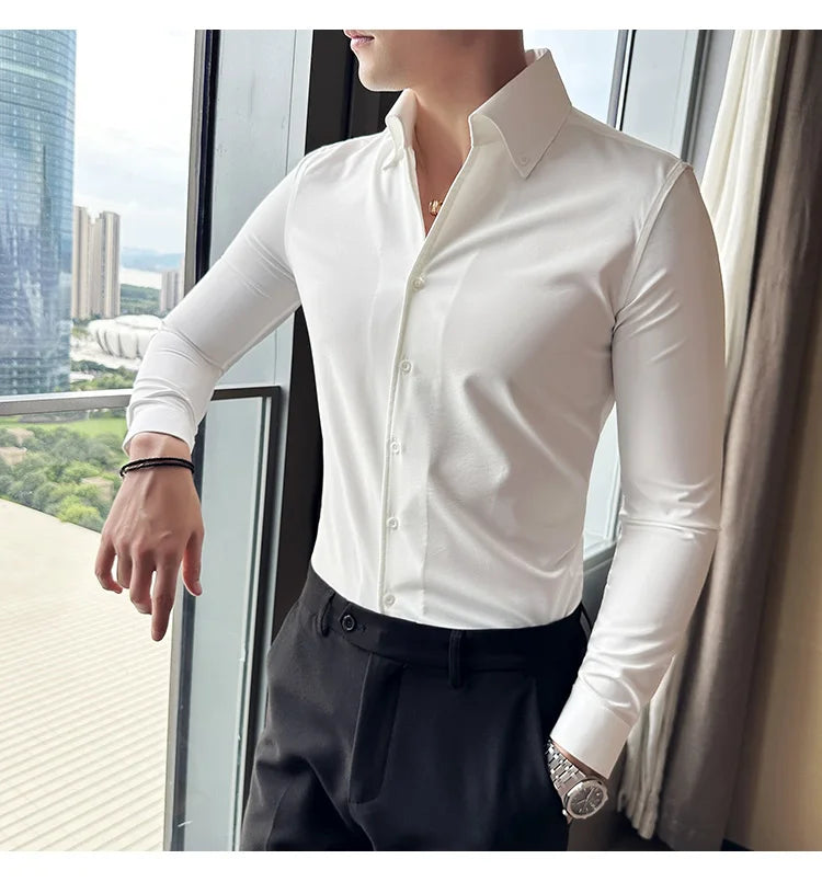 Men Dress Shirt 2024 Autumn British Style Solid Casual Slim Fit Formal Camisas V-neck Long Sleeves Shirt Streetwear Men Clothing