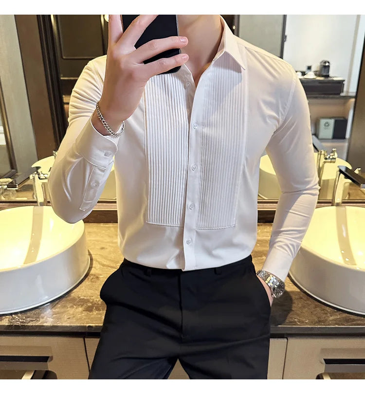 Groom Wedding Party Dress Shirt Men's Fashion Pleated Design Slim Fit Shirt Men Formal Long Sleeved Social Business Tailcoat