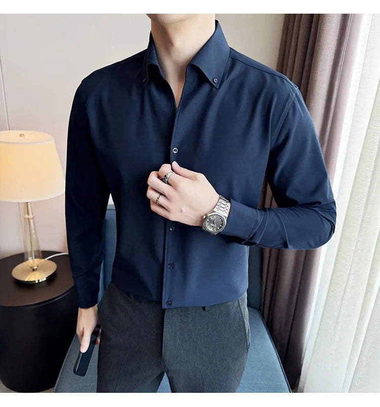 Men Dress Shirt 2024 Autumn British Style Solid Casual Slim Fit Formal Camisas V-neck Long Sleeves Shirt Streetwear Men Clothing