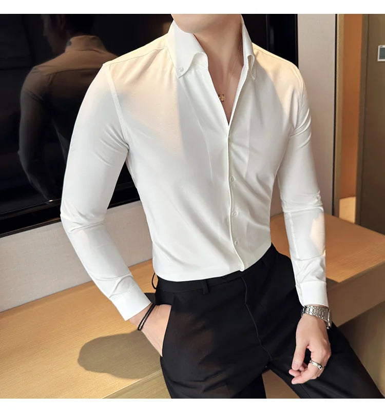 Men Dress Shirt 2024 Autumn British Style Solid Casual Slim Fit Formal Camisas V-neck Long Sleeves Shirt Streetwear Men Clothing