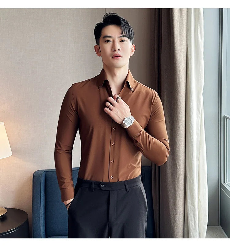 Men Dress Shirt 2024 Autumn British Style Solid Casual Slim Fit Formal Camisas V-neck Long Sleeves Shirt Streetwear Men Clothing