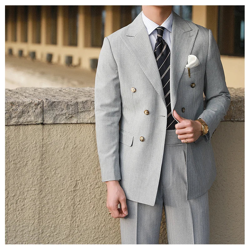 Stripe Suit Men Versatile Fashion Gentleman's Double Breasted Italian Lapel Coat Formal Wedding Groom Business Men Tuxedo Suit