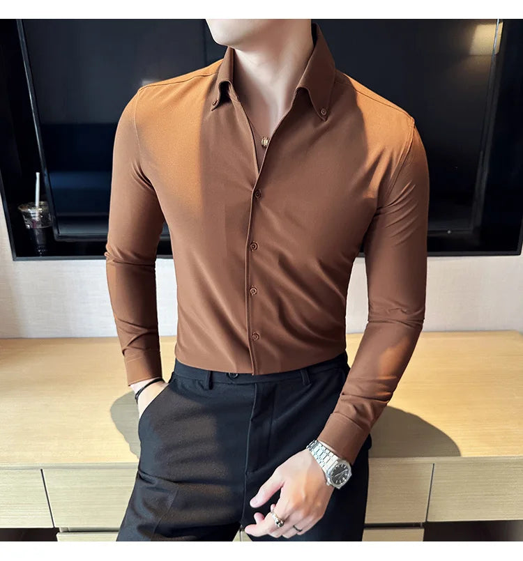 Men Dress Shirt 2024 Autumn British Style Solid Casual Slim Fit Formal Camisas V-neck Long Sleeves Shirt Streetwear Men Clothing