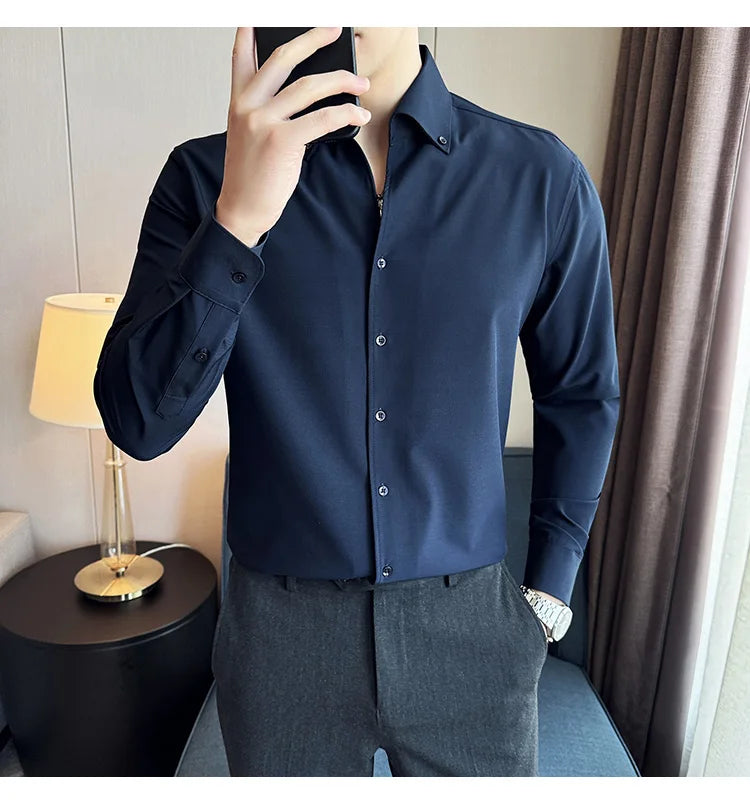 Men Dress Shirt 2024 Autumn British Style Solid Casual Slim Fit Formal Camisas V-neck Long Sleeves Shirt Streetwear Men Clothing