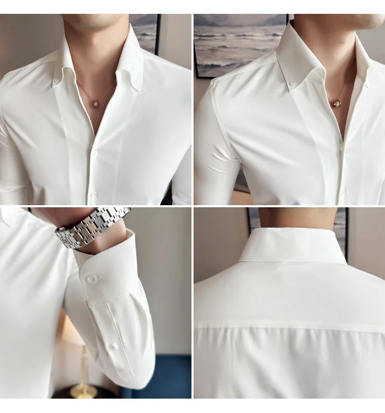Men Dress Shirt 2024 Autumn British Style Solid Casual Slim Fit Formal Camisas V-neck Long Sleeves Shirt Streetwear Men Clothing