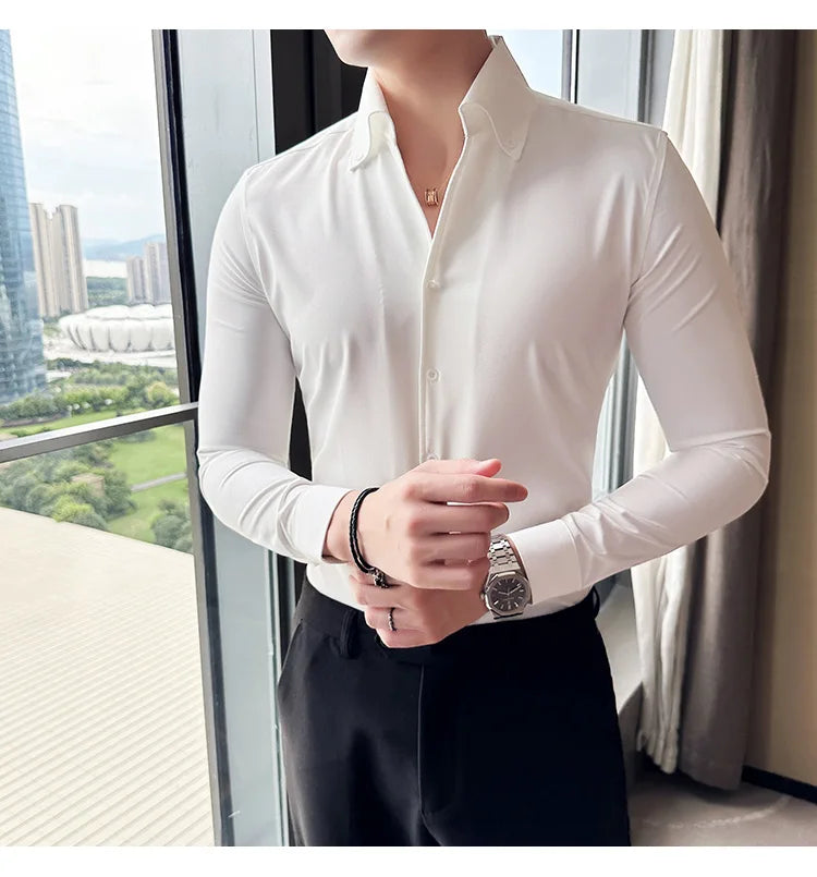 Men Dress Shirt 2024 Autumn British Style Solid Casual Slim Fit Formal Camisas V-neck Long Sleeves Shirt Streetwear Men Clothing