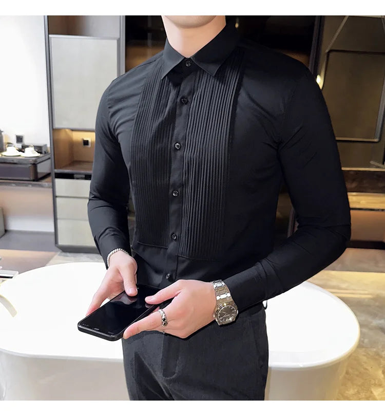 Groom Wedding Party Dress Shirt Men's Fashion Pleated Design Slim Fit Shirt Men Formal Long Sleeved Social Business Tailcoat