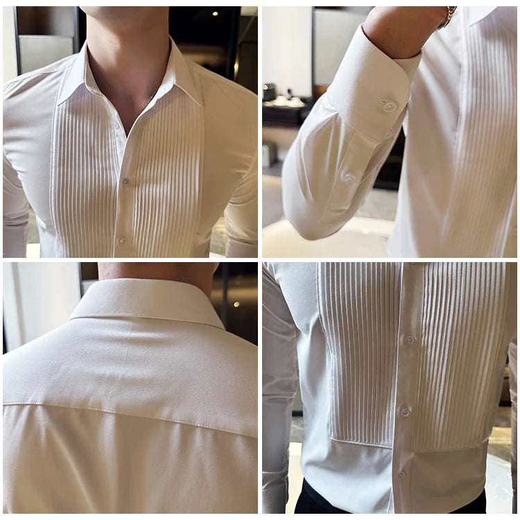 Groom Wedding Party Dress Shirt Men's Fashion Pleated Design Slim Fit Shirt Men Formal Long Sleeved Social Business Tailcoat