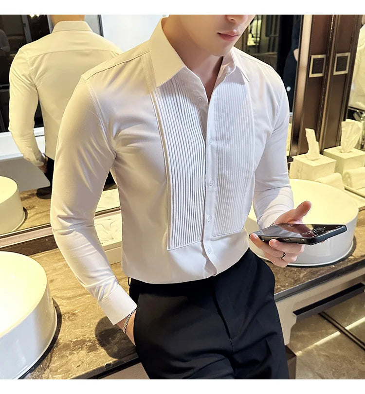 Groom Wedding Party Dress Shirt Men's Fashion Pleated Design Slim Fit Shirt Men Formal Long Sleeved Social Business Tailcoat