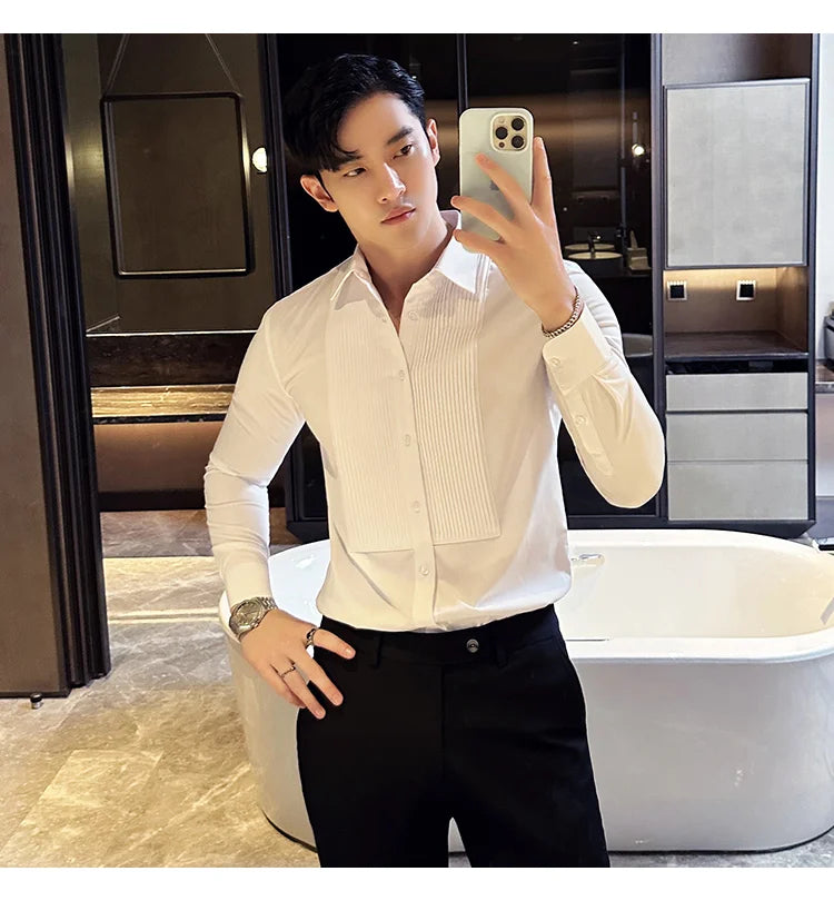 Groom Wedding Party Dress Shirt Men's Fashion Pleated Design Slim Fit Shirt Men Formal Long Sleeved Social Business Tailcoat