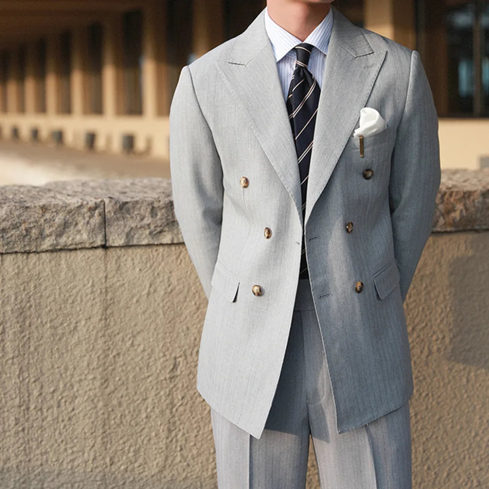 Stripe Suit Men Versatile Fashion Gentleman's Double Breasted Italian Lapel Coat Formal Wedding Groom Business Men Tuxedo Suit