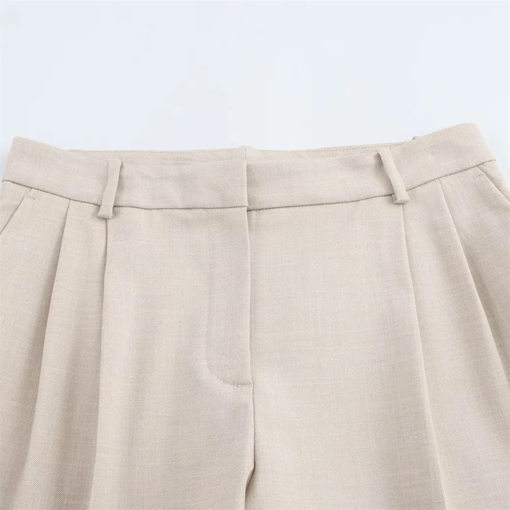 Women's Beige Double-Breasted Blazer Suit with Wide-Leg Trousers Casual High-Waisted Polyester Pant Set for Polished Look