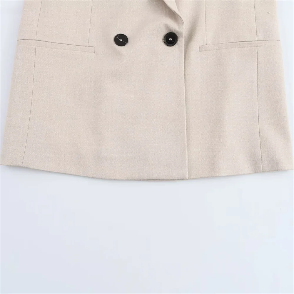 Women's Beige Double-Breasted Blazer Suit with Wide-Leg Trousers Casual High-Waisted Polyester Pant Set for Polished Look