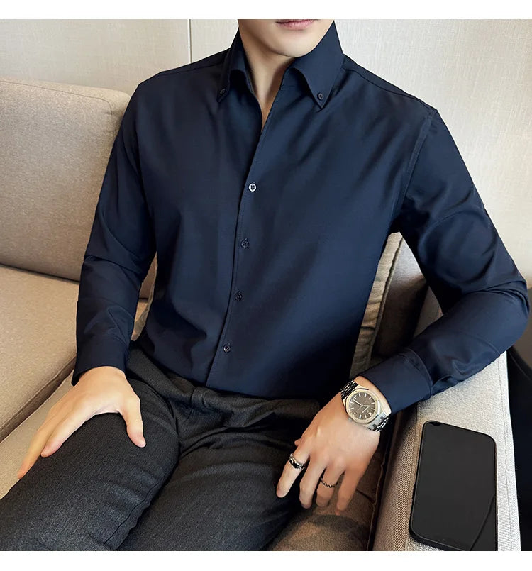 Men Dress Shirt 2024 Autumn British Style Solid Casual Slim Fit Formal Camisas V-neck Long Sleeves Shirt Streetwear Men Clothing