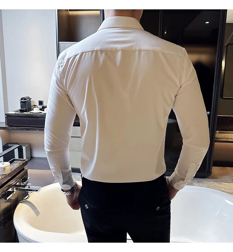Groom Wedding Party Dress Shirt Men's Fashion Pleated Design Slim Fit Shirt Men Formal Long Sleeved Social Business Tailcoat