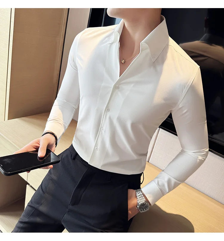 Men Dress Shirt 2024 Autumn British Style Solid Casual Slim Fit Formal Camisas V-neck Long Sleeves Shirt Streetwear Men Clothing
