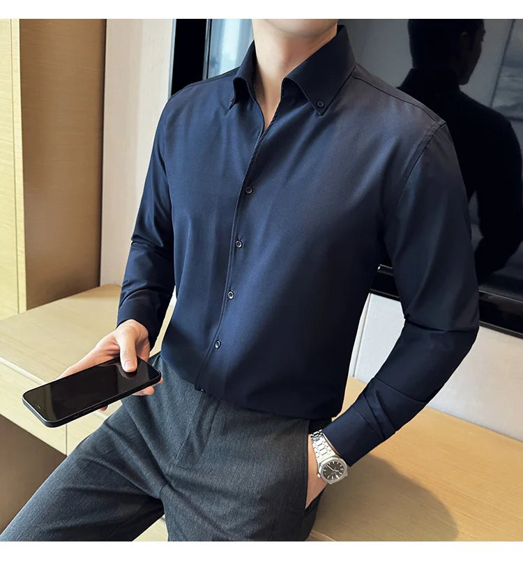 Men Dress Shirt 2024 Autumn British Style Solid Casual Slim Fit Formal Camisas V-neck Long Sleeves Shirt Streetwear Men Clothing