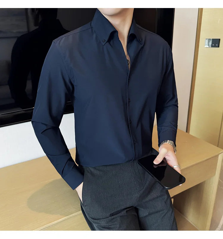 Men Dress Shirt 2024 Autumn British Style Solid Casual Slim Fit Formal Camisas V-neck Long Sleeves Shirt Streetwear Men Clothing