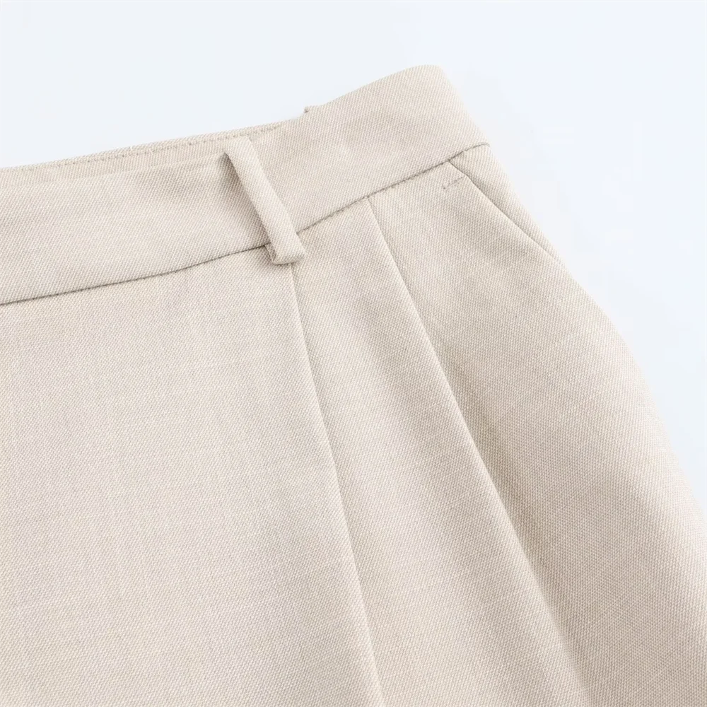 Women's Beige Double-Breasted Blazer Suit with Wide-Leg Trousers Casual High-Waisted Polyester Pant Set for Polished Look