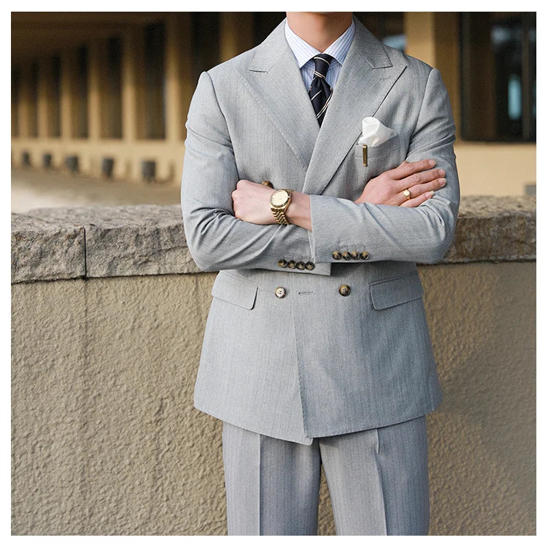 Stripe Suit Men Versatile Fashion Gentleman's Double Breasted Italian Lapel Coat Formal Wedding Groom Business Men Tuxedo Suit