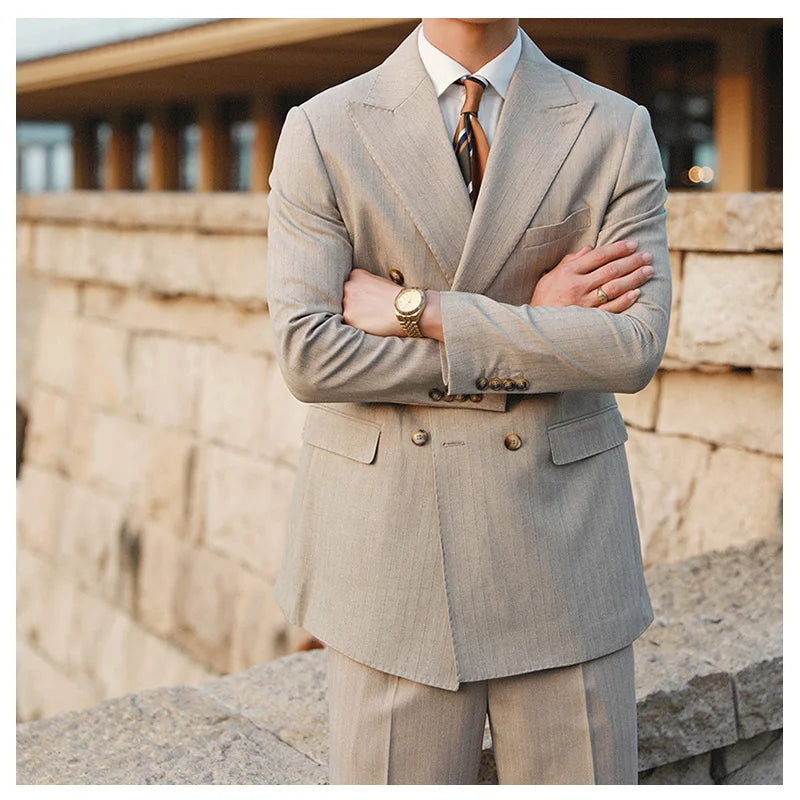 Stripe Suit Men Versatile Fashion Gentleman's Double Breasted Italian Lapel Coat Formal Wedding Groom Business Men Tuxedo Suit