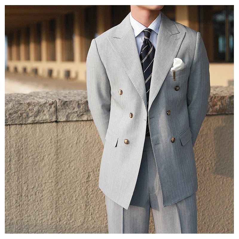 Stripe Suit Men Versatile Fashion Gentleman's Double Breasted Italian Lapel Coat Formal Wedding Groom Business Men Tuxedo Suit
