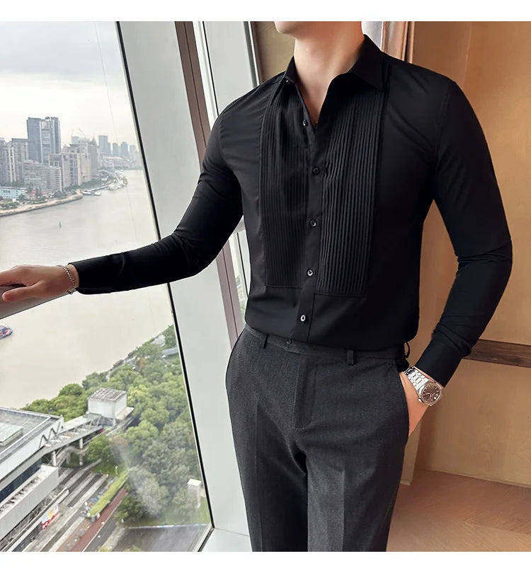 Groom Wedding Party Dress Shirt Men's Fashion Pleated Design Slim Fit Shirt Men Formal Long Sleeved Social Business Tailcoat