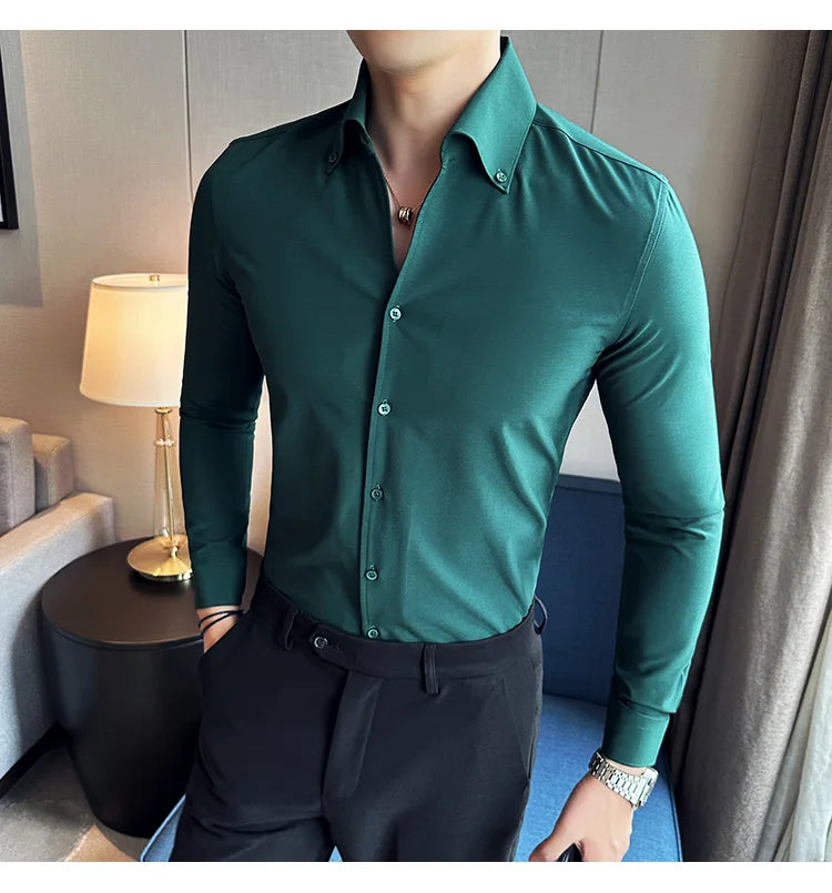 Men Dress Shirt 2024 Autumn British Style Solid Casual Slim Fit Formal Camisas V-neck Long Sleeves Shirt Streetwear Men Clothing