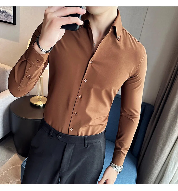 Men Dress Shirt 2024 Autumn British Style Solid Casual Slim Fit Formal Camisas V-neck Long Sleeves Shirt Streetwear Men Clothing