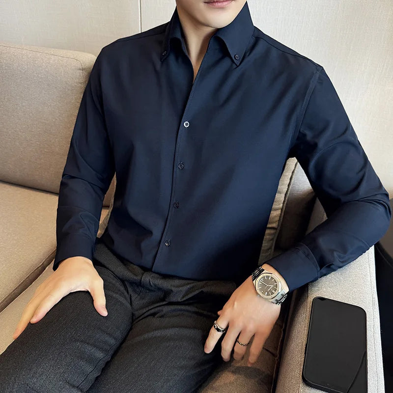Men Dress Shirt 2024 Autumn British Style Solid Casual Slim Fit Formal Camisas V-neck Long Sleeves Shirt Streetwear Men Clothing