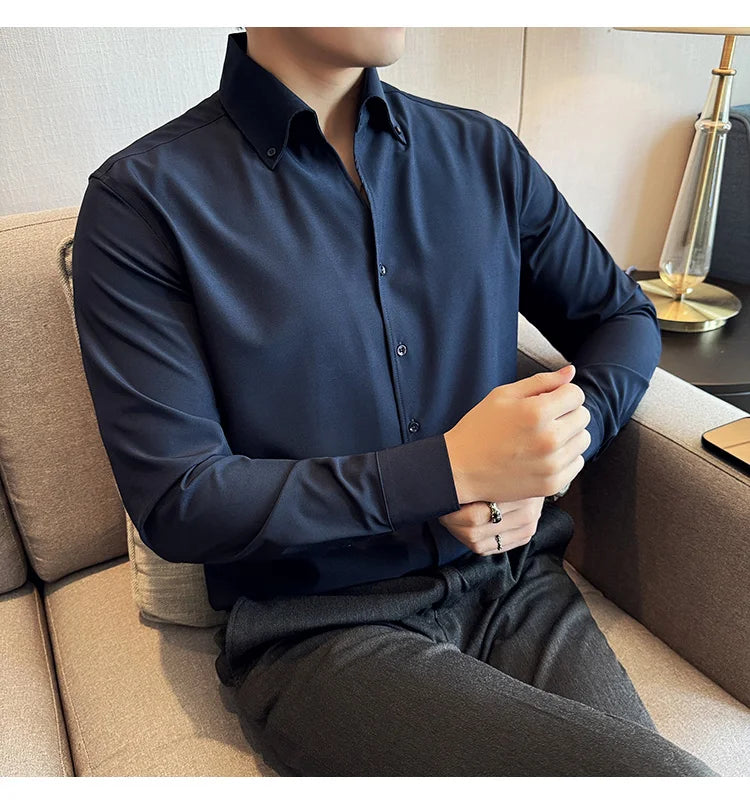Men Dress Shirt 2024 Autumn British Style Solid Casual Slim Fit Formal Camisas V-neck Long Sleeves Shirt Streetwear Men Clothing
