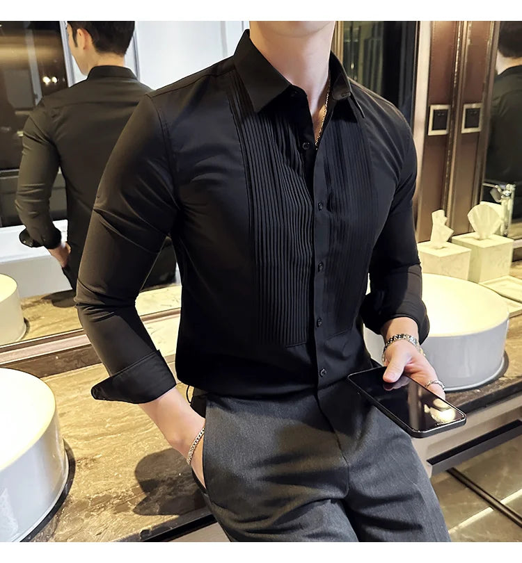 Groom Wedding Party Dress Shirt Men's Fashion Pleated Design Slim Fit Shirt Men Formal Long Sleeved Social Business Tailcoat