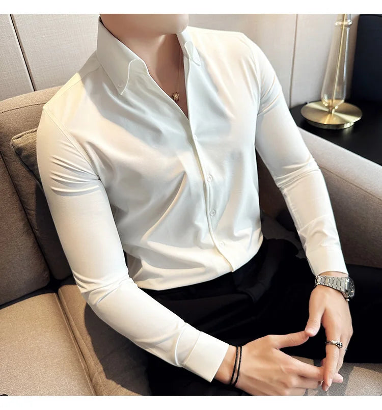 Men Dress Shirt 2024 Autumn British Style Solid Casual Slim Fit Formal Camisas V-neck Long Sleeves Shirt Streetwear Men Clothing