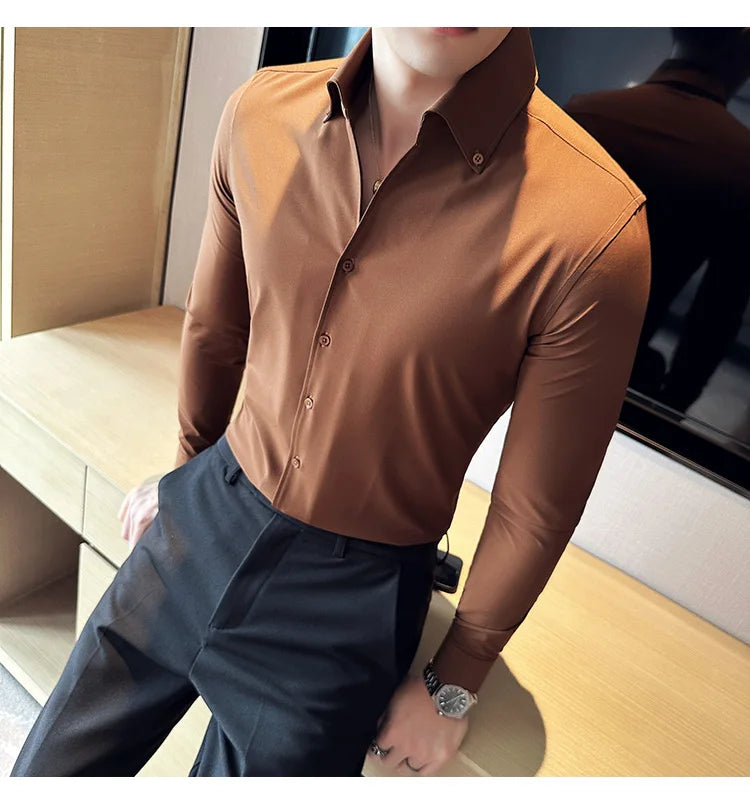 Men Dress Shirt 2024 Autumn British Style Solid Casual Slim Fit Formal Camisas V-neck Long Sleeves Shirt Streetwear Men Clothing