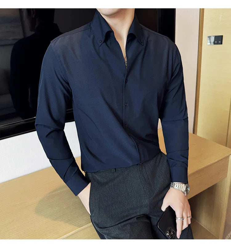 Men Dress Shirt 2024 Autumn British Style Solid Casual Slim Fit Formal Camisas V-neck Long Sleeves Shirt Streetwear Men Clothing